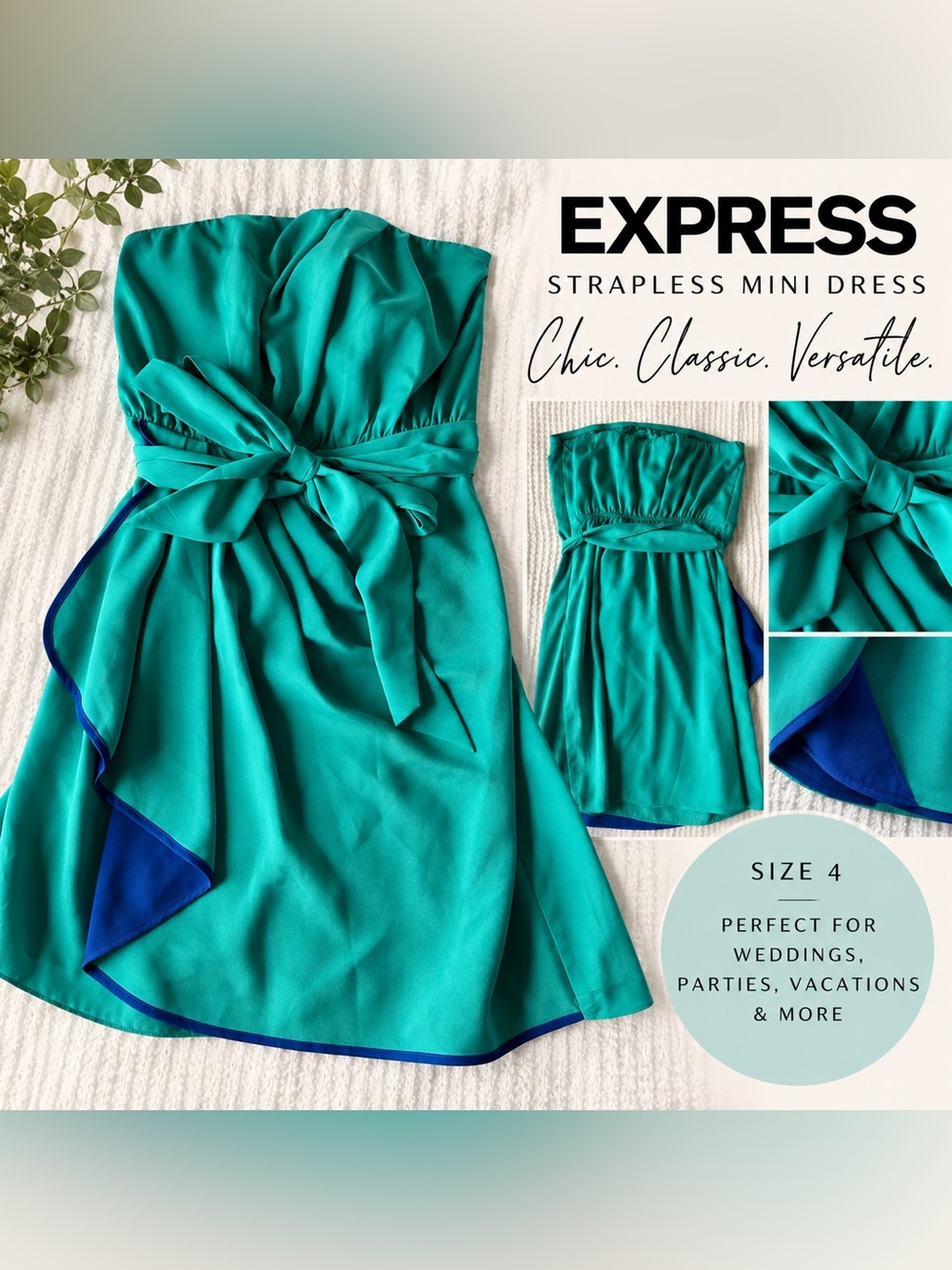 Express Strapless Teal Blue Faux Wrap Mini Dress Tie Waist Size 4 Y2K Cocktail